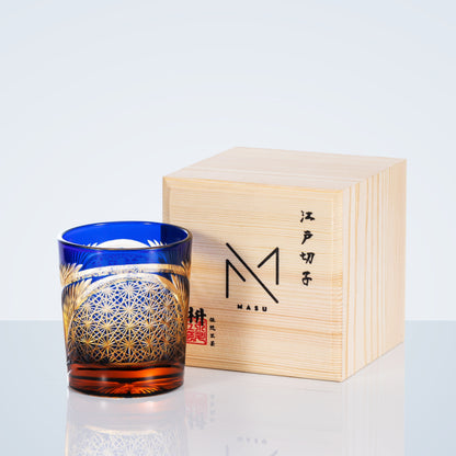 Japanese Cut Crystal Whisky Tumbler with Gift Box | Traditional Etched Pattern | Amber Colored Spirit Glass for Bourbon & Scotch | Artisan B