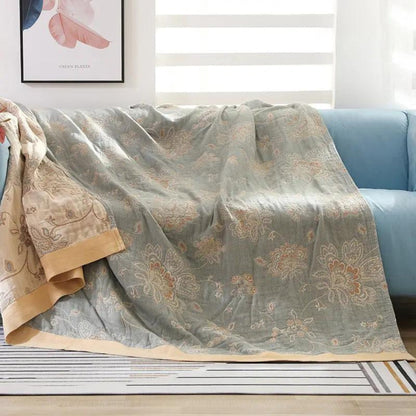 Lightweight Cotton Gauze Throw Blanket with Floral Design for Year-Round Comfort, Breathable Bedding for Bedroom, Sofa, or Guest Room
