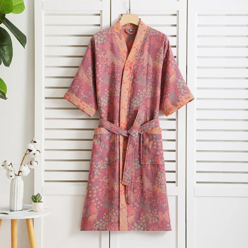 Cotton Gauze Robe with Vintage Print – Lightweight Breathable Loungewear for Women | Soft Double-Layer Spa Robe for Home Relaxation