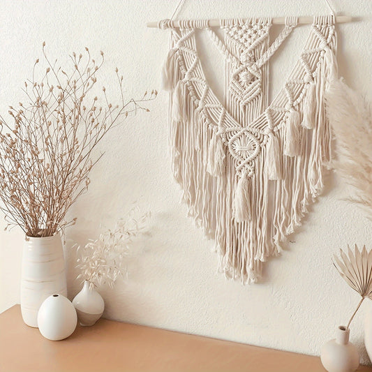 Woven Fiber Wall Art with Geometric Knotwork and Fringe for Living Room & Bedroom Decor