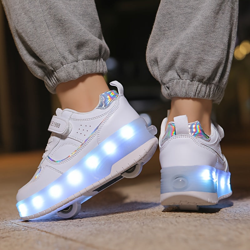 Light-Up Roller Skate Shoes for Kids with Detachable Wheels Purple Rechargeable Sneakers Boys Girls Indoor Outdoor Heelys-Style Footwear Ath