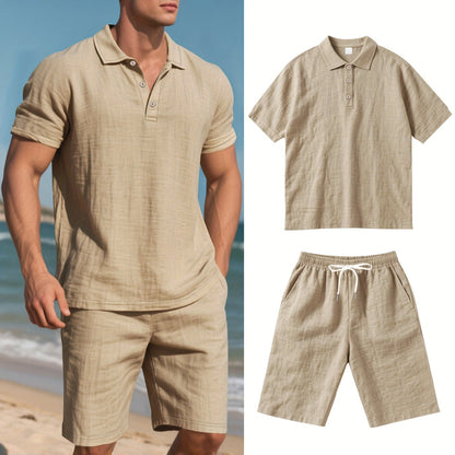 Men's Short-Sleeve Polo & Shorts Linen Set Summer Two-Piece Outfit Lightweight Breathable Casual Wear for Warm Weather