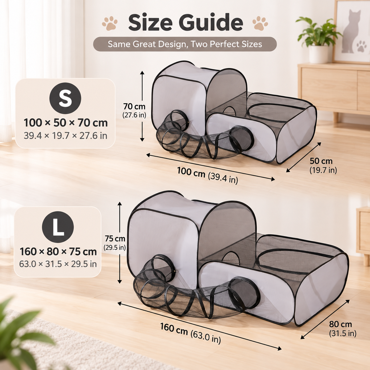 Ortekor Indoor Cat Playpen with Tunnel & Resting Tent for Safe Home Play - 3-Zone Enclosure for Cats & Kittens