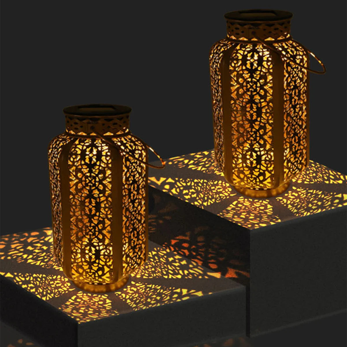 Sun-Charged Metal Garden Lantern with Cutout Moroccan Design for Porch, Deck & Yard Lighting