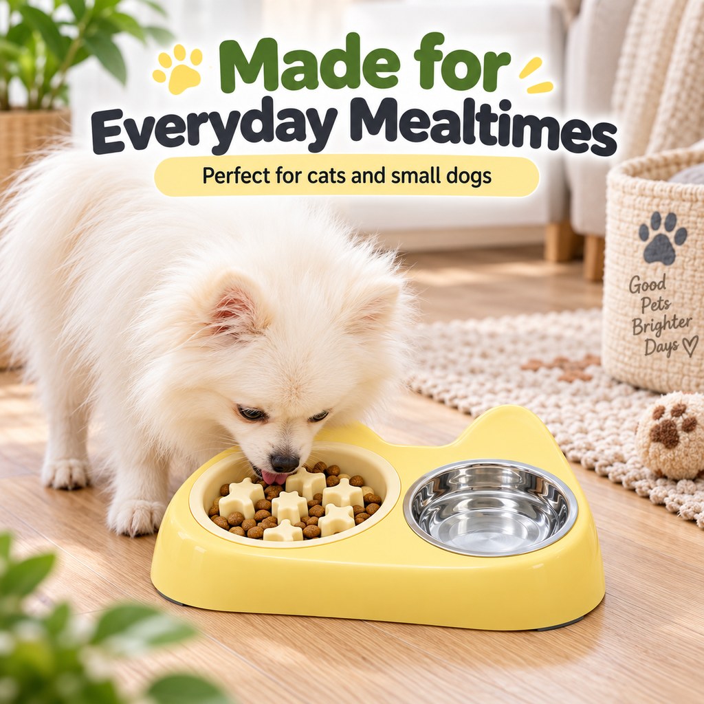 Ortekor 2-in-1 Cat Ear Pet Bowl for Cats and Small Dogs - Slow Feeder or Double Stainless Steel Bowls for Slower, Cleaner Mealtimes