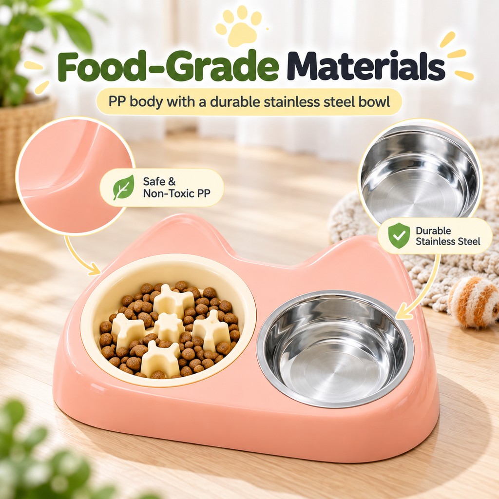 Ortekor 2-in-1 Cat Ear Pet Bowl for Cats and Small Dogs - Slow Feeder or Double Stainless Steel Bowls for Slower, Cleaner Mealtimes