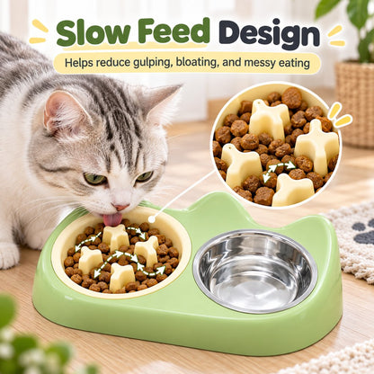 Ortekor 2-in-1 Cat Ear Pet Bowl for Cats and Small Dogs - Slow Feeder or Double Stainless Steel Bowls for Slower, Cleaner Mealtimes