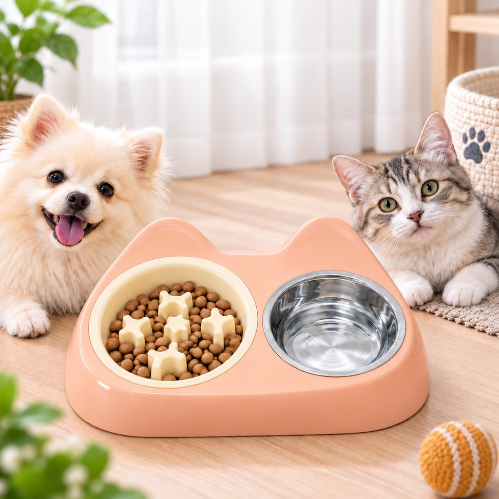 Ortekor 2-in-1 Cat Ear Pet Bowl for Cats and Small Dogs - Slow Feeder or Double Stainless Steel Bowls for Slower, Cleaner Mealtimes