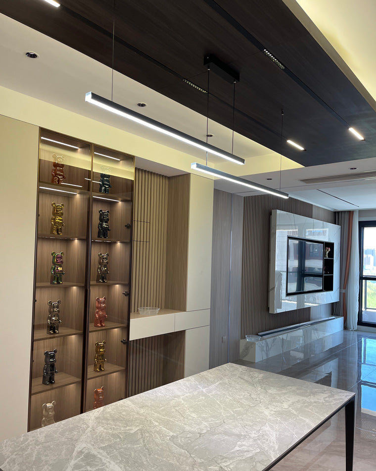 Suspended LED Strip Fixture for Countertop Islands – Dimmable Metal Bar Light with Remote in Matte or Gloss White – 39 to 102 in Adjustable