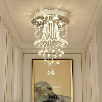 Chrome Ceiling Light with Cascading K9 Crystal Strands for Bedroom, Living Room & Hallway | 5-Light Flush Mount Fixture with GU10 Sockets