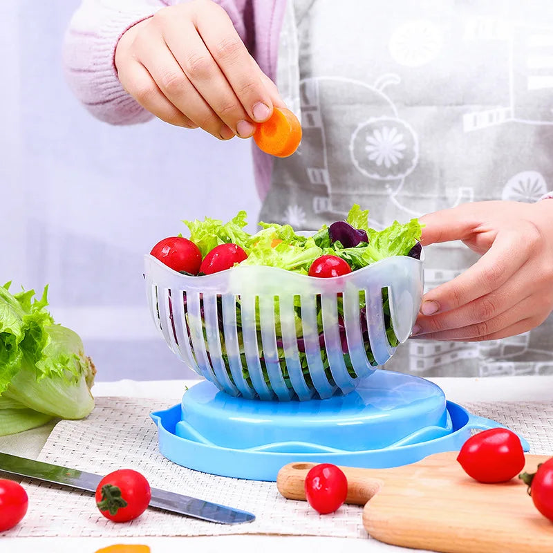 Vegetable Chopper Bowl with Built-In Blade Strainer for Quick Meal Prep Kitchen Salad Maker Dual Function Cutting and Draining