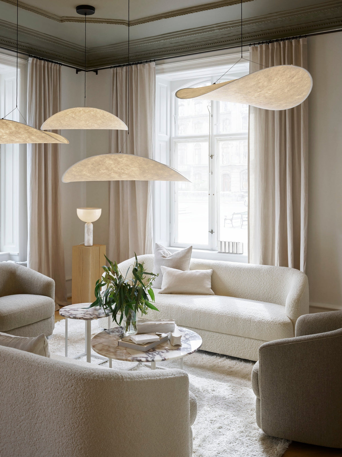 Sculptural Overhead Fixture with Adjustable Brightness White Synthetic Canopy 51 in Wide for Open-Plan Interiors Contemporary Suspended Lumi