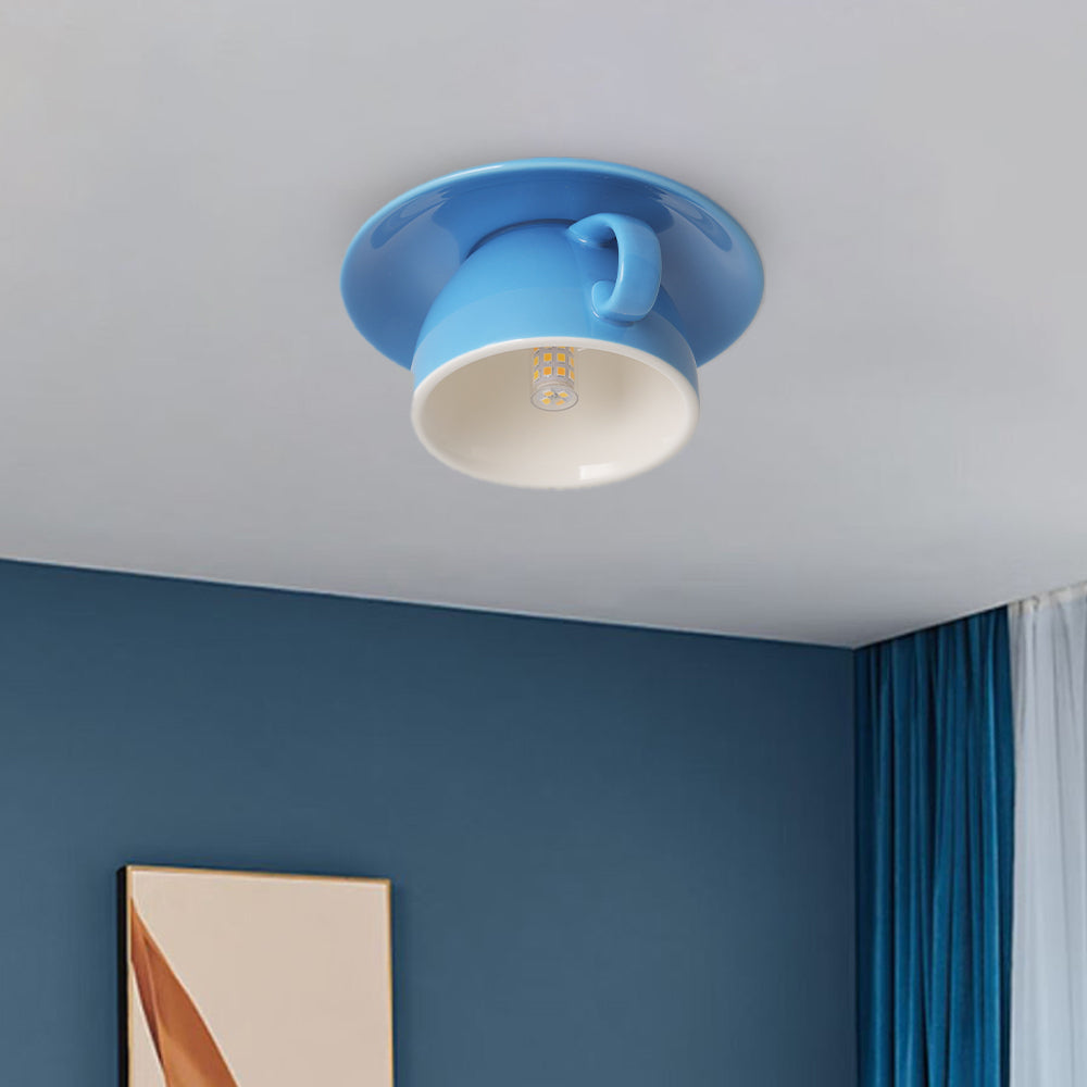 Ceramic Coffee Cup Ceiling Light Fixture – Flush Mount in Yellow, Blue, Pink & More Colors for Bedroom, Dining Room, Living Room