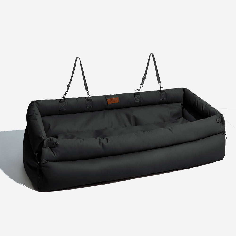 Elevated Pet Car Seat with Cushioned Bolsters for Medium to Large Dogs – Faux Leather Travel Booster Bed for SUVs & Sedans