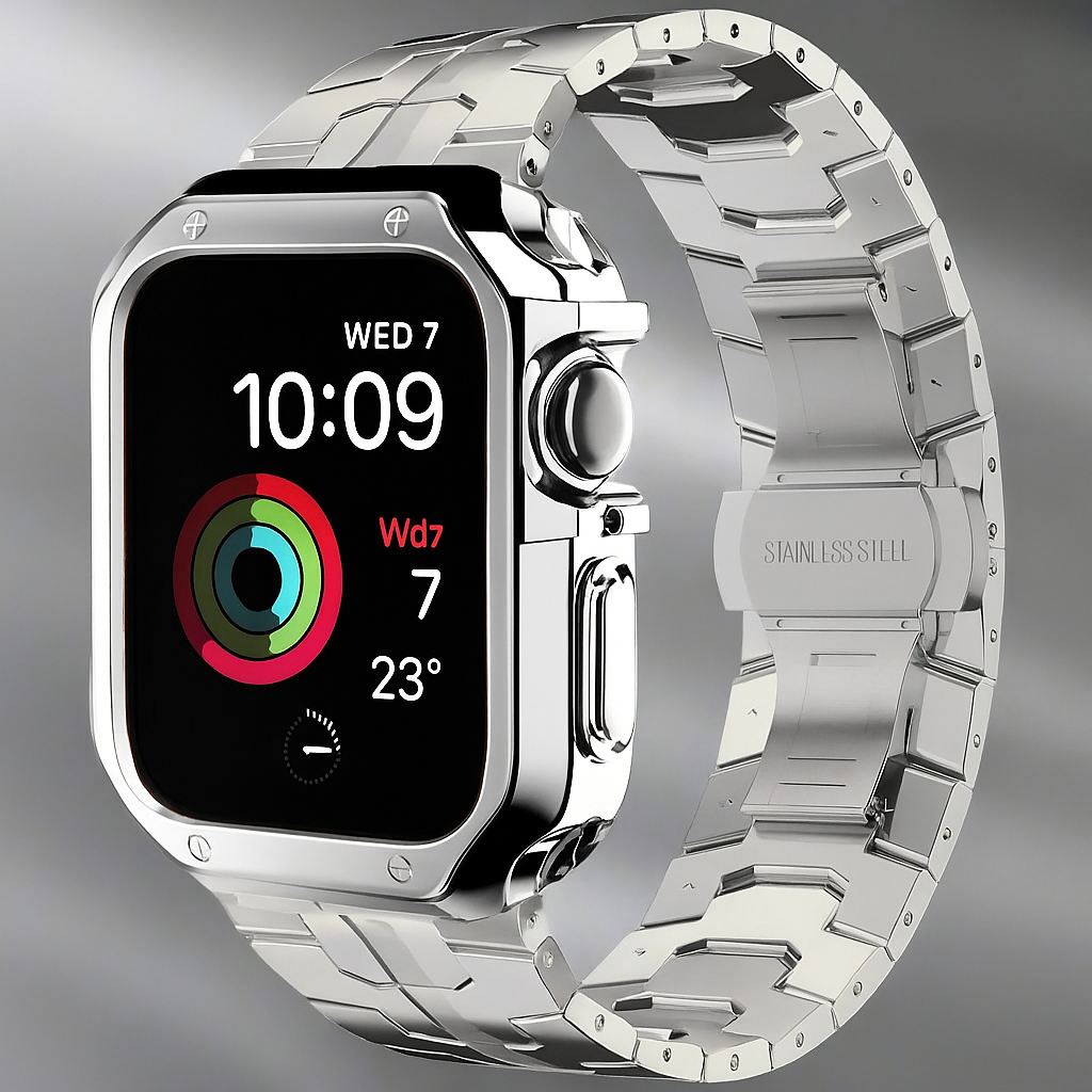 Metal Link Watch Band with Armor Frame for Apple Watch – Titanium-Style Bracelet & Open-Face Protection Case Bundle – Butterfly Clasp
