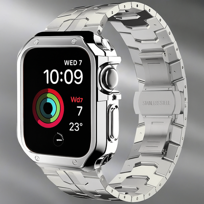 Metal Link Watch Band with Armor Frame for Apple Watch – Titanium-Style Bracelet & Open-Face Protection Case Bundle – Butterfly Clasp