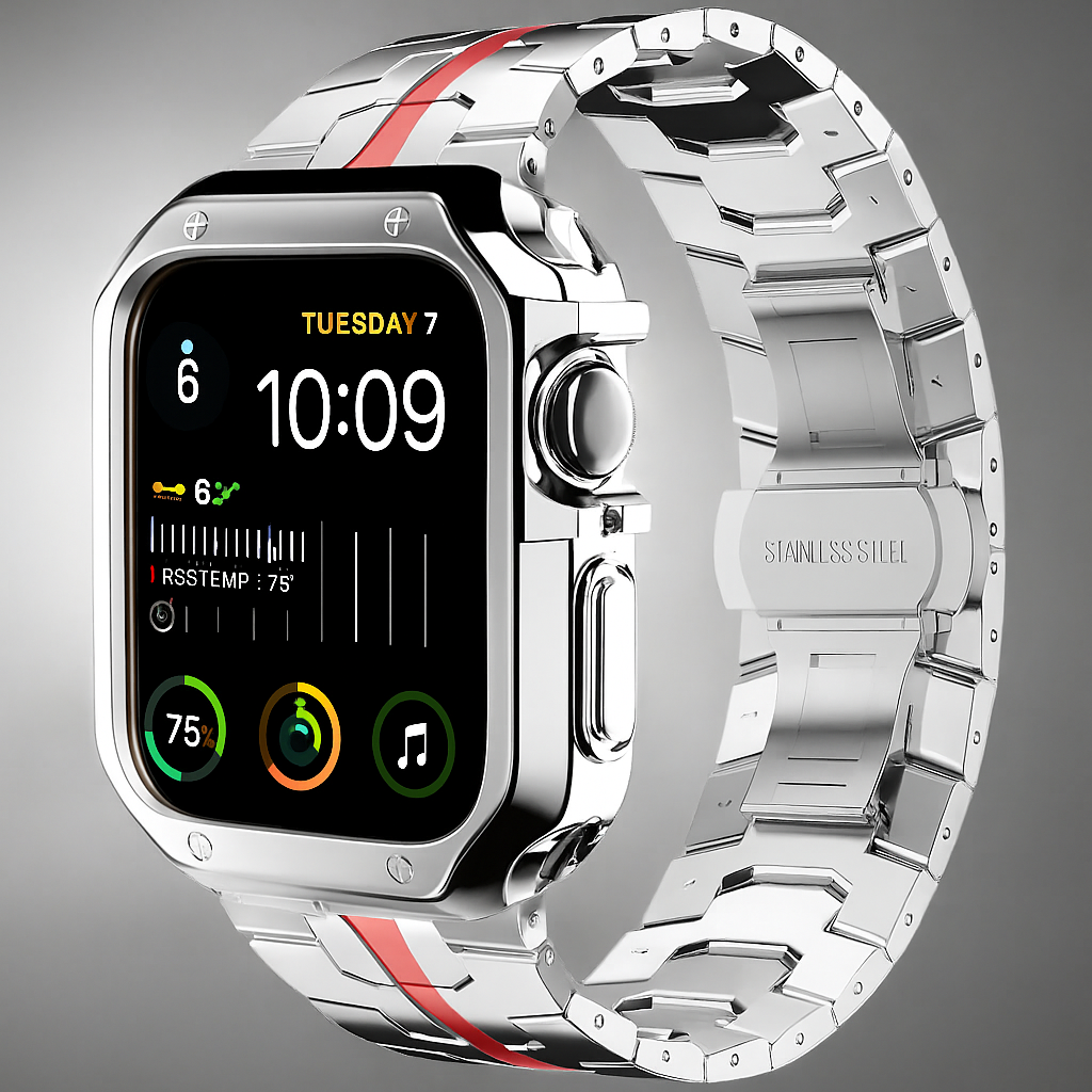 Metal Link Band & Protective Case Set for Apple Watch – Adjustable Bracelet with Matching Frame, Butterfly Clasp & Sizing Tool for Series