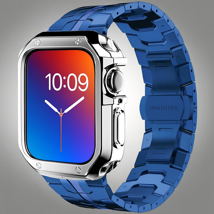 Metal Link Band & Protective Case Set for Apple Watch – Adjustable Bracelet with Matching Frame, Butterfly Clasp & Sizing Tool for Series