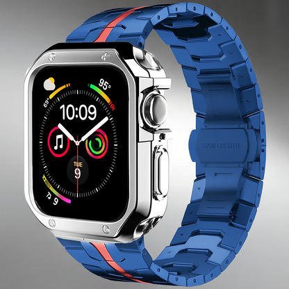 Metal Link Watch Band with Armor Frame for Apple Watch – Titanium-Style Bracelet & Open-Face Protection Case Bundle – Butterfly Clasp