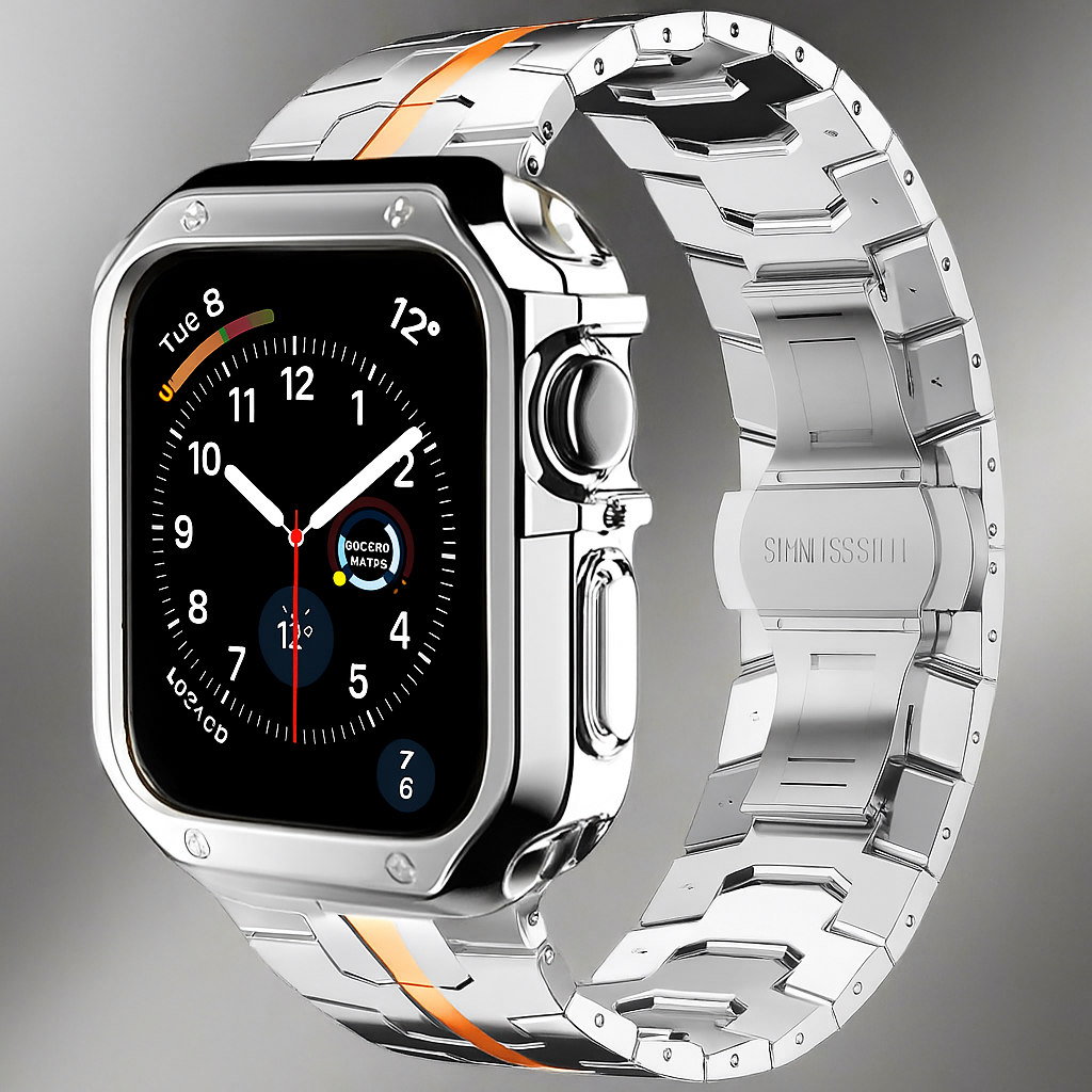 Metal Link Band & Protective Case Set for Apple Watch – Adjustable Bracelet with Matching Frame, Butterfly Clasp & Sizing Tool for Series