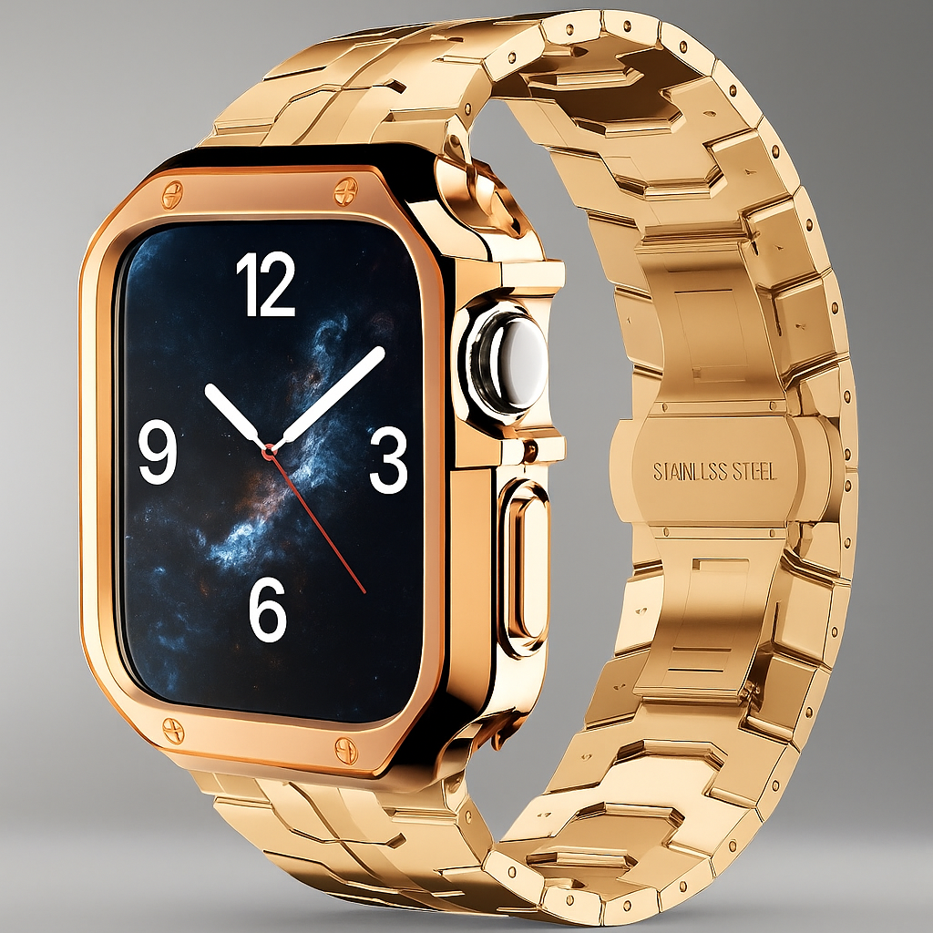 Metal Link Band & Protective Case Set for Apple Watch – Adjustable Bracelet with Matching Frame, Butterfly Clasp & Sizing Tool for Series