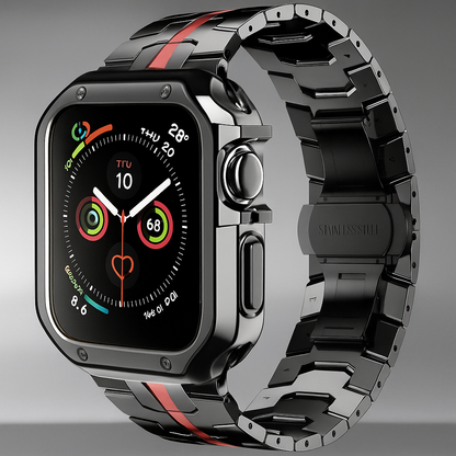 Metal Link Band & Protective Case Set for Apple Watch – Adjustable Bracelet with Matching Frame, Butterfly Clasp & Sizing Tool for Series