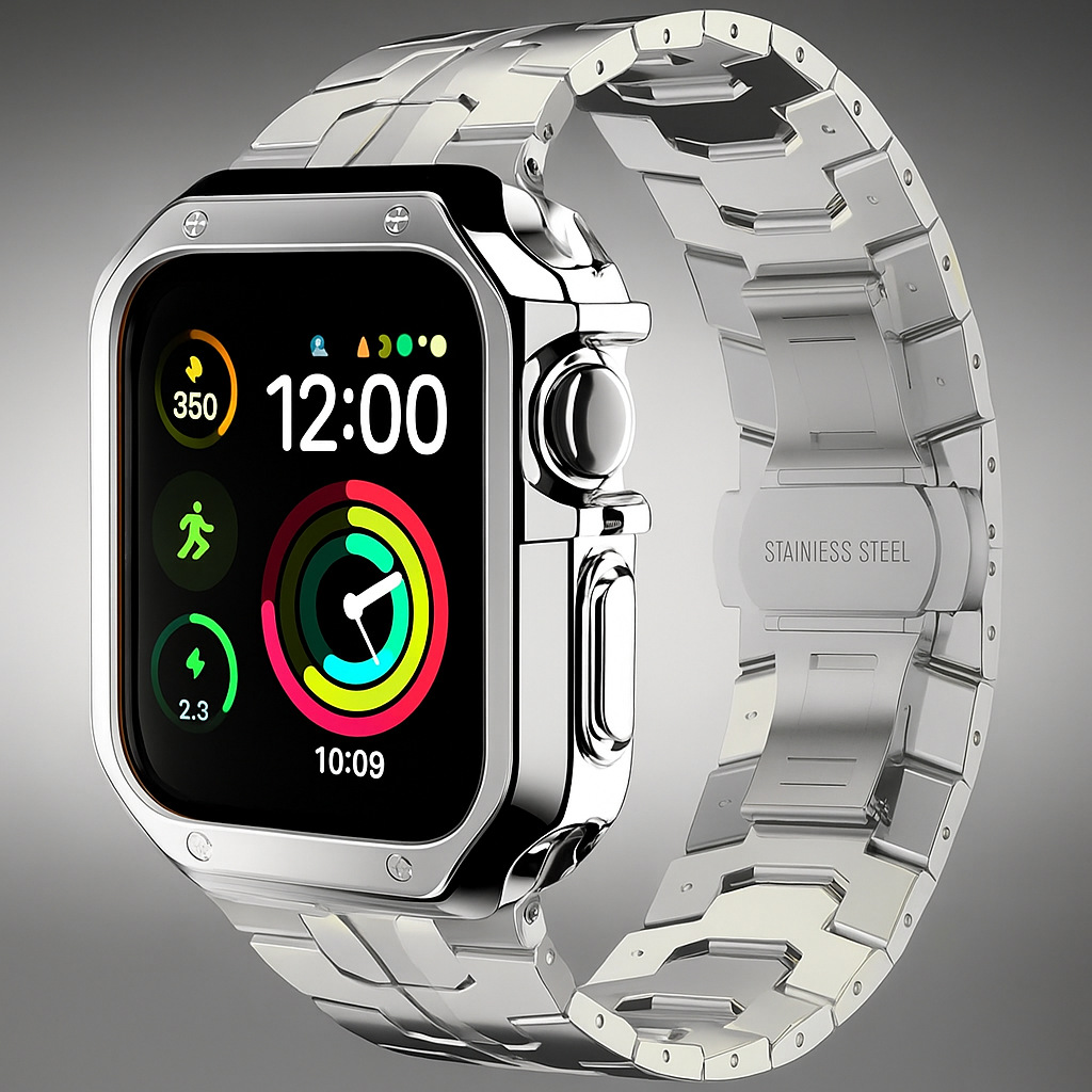 Metal Link Watch Band with Armor Frame for Apple Watch – Titanium-Style Bracelet & Open-Face Protection Case Bundle – Butterfly Clasp