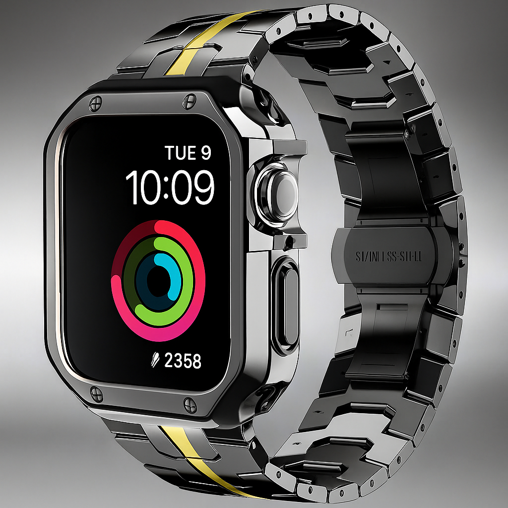 Metal Link Watch Band with Armor Frame for Apple Watch – Titanium-Style Bracelet & Open-Face Protection Case Bundle – Butterfly Clasp