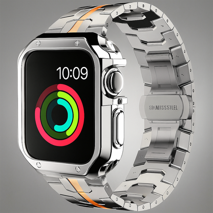 Metal Band & Screen Armor Bundle for Apple Watch – Adjustable Link Bracelet with Protective Bumper Case