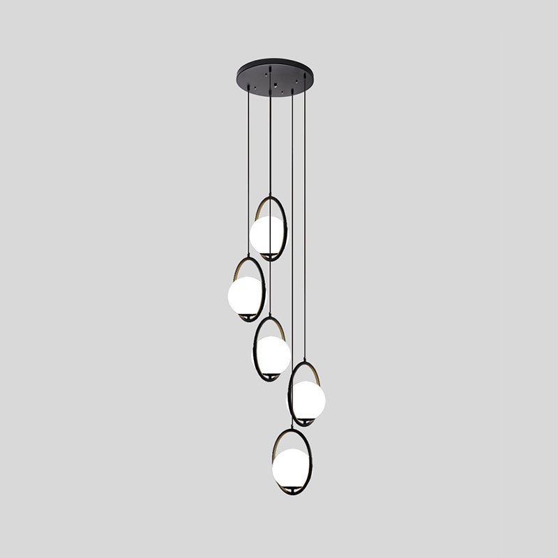 Multi-Globe Glass Pendant Chandelier – Modern Stairwell Lighting Fixture, Black Metal Frame, 5-6 Lights for Entryway Living Room Dining