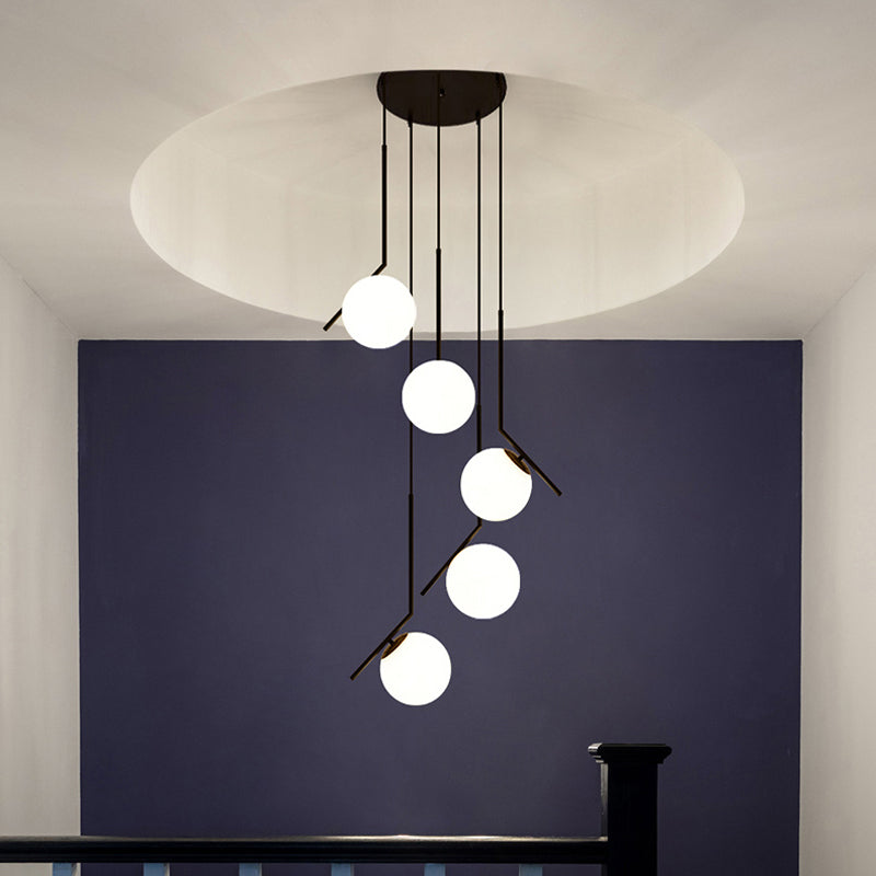 Multi-Globe Glass Pendant Chandelier – Modern Stairwell Lighting Fixture, Black Metal Frame, 5-6 Lights for Entryway Living Room Dining