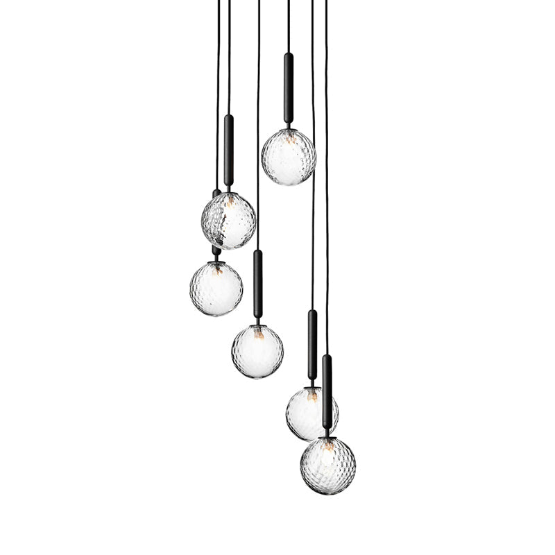 Multi-Globe Glass Pendant Chandelier – Modern Stairwell Lighting Fixture, Black Metal Frame, 5-6 Lights for Entryway Living Room Dining