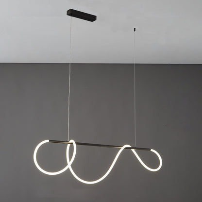Linear LED Island Chandelier with Silicone Wave Design 43-Inch Brass Adjustable Height Dimmable Kitchen Pendant for Dining Table Modern Hang