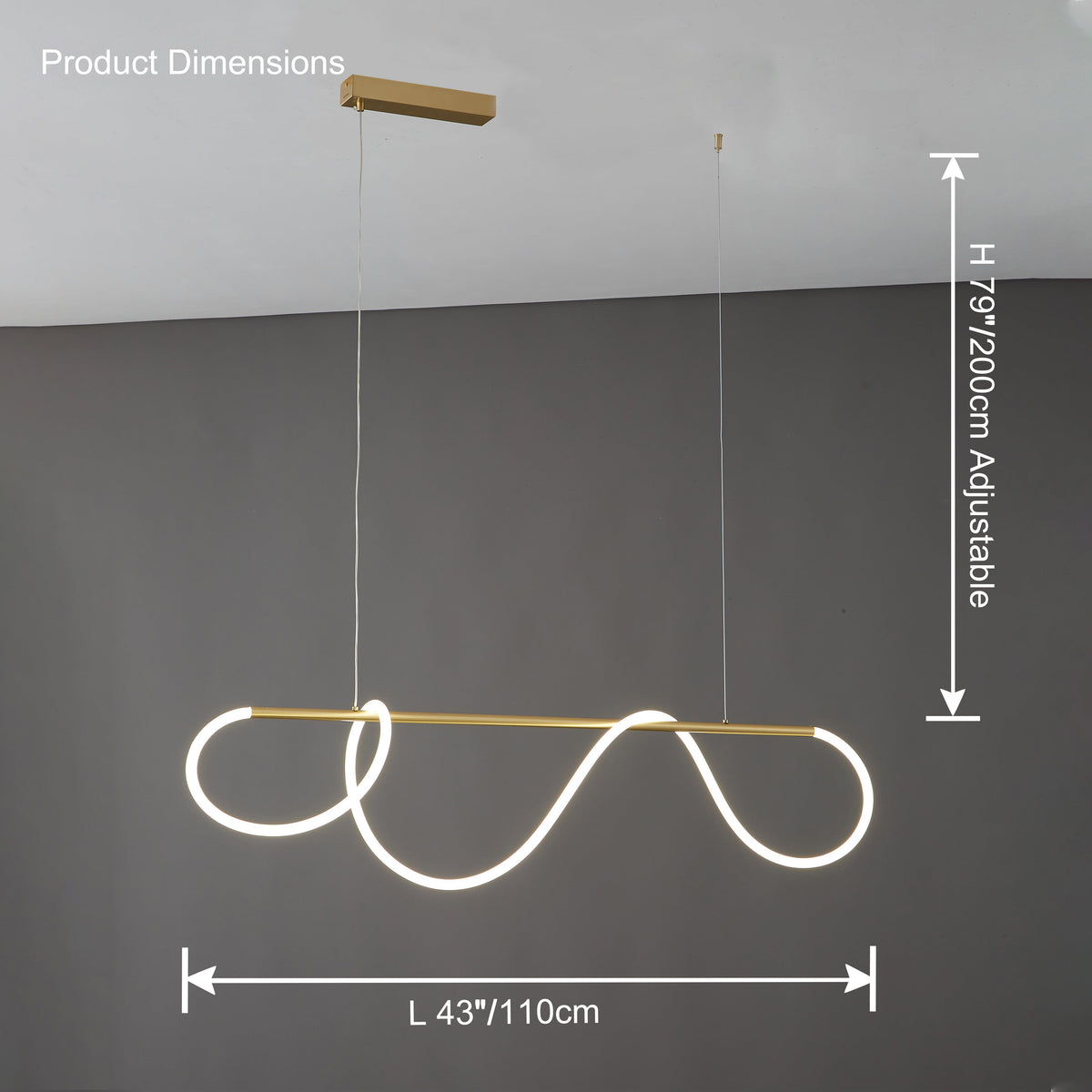 Linear LED Island Chandelier with Silicone Wave Design 43-Inch Brass Adjustable Height Dimmable Kitchen Pendant for Dining Table Modern Hang