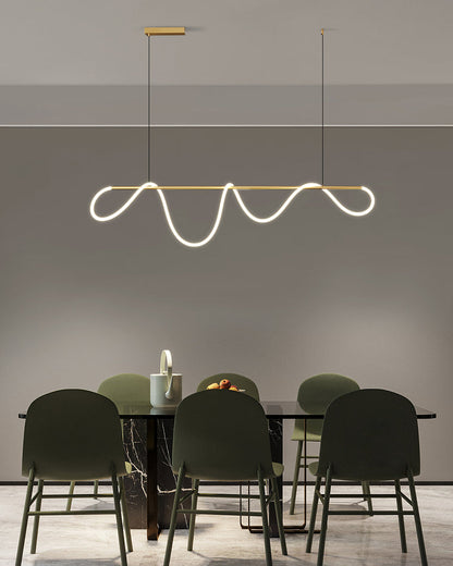 Linear LED Island Chandelier with Silicone Wave Design 43-Inch Brass Adjustable Height Dimmable Kitchen Pendant for Dining Table Modern Hang