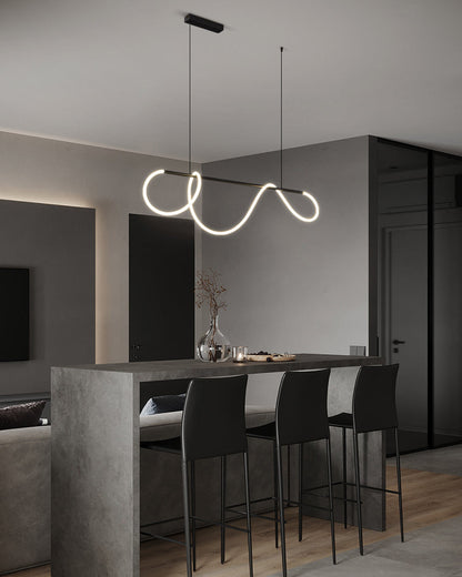 Linear LED Island Chandelier with Silicone Wave Design 43-Inch Brass Adjustable Height Dimmable Kitchen Pendant for Dining Table Modern Hang