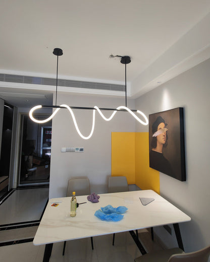 Linear LED Island Chandelier with Silicone Wave Design 43-Inch Brass Adjustable Height Dimmable Kitchen Pendant for Dining Table Modern Hang