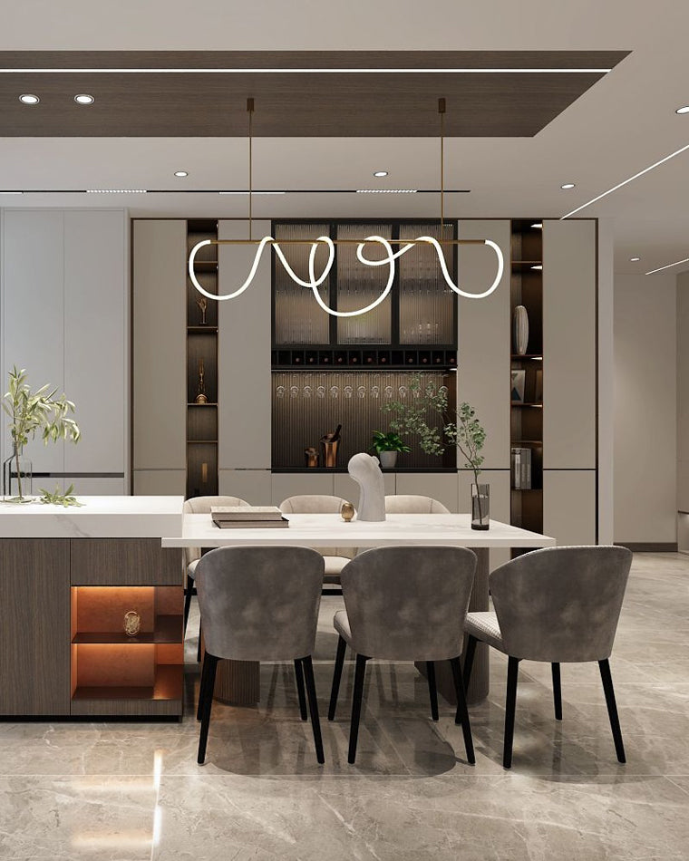 Linear LED Island Chandelier with Silicone Wave Design 43-Inch Brass Adjustable Height Dimmable Kitchen Pendant for Dining Table Modern Hang