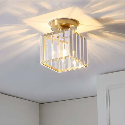 Decorative Flush Mount Light Fixture with Glass Cube and Metal Accents E27 Socket for Entryway Bedroom Small Room Ambient Overhead Lighting