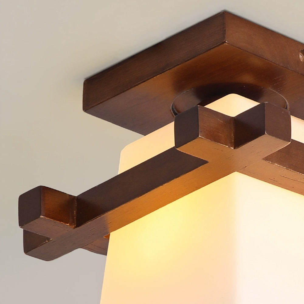 Square Flush Mount Overhead Light Fixture E27 Socket 7.9 Inch White Wood Accent for Bedroom Hallway Living Room Minimalist Scandinavian Mode