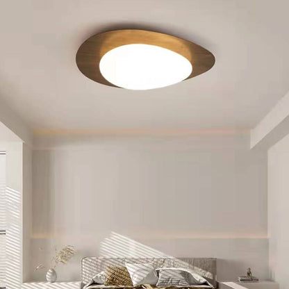 Oval Stone-Textured LED Ceiling Mount Light with Timber Finish for Bedrooms | Modern Hardwired Close-to-Ceiling Fixture for Living Rooms &