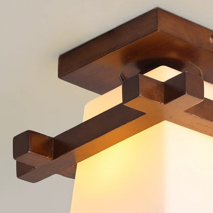 Square Flush Mount Ceiling Light Fixture with Wood Accent, White Shade, E27 Socket for Bedroom, Hallway, Living Room, Minimalist Home Lighti