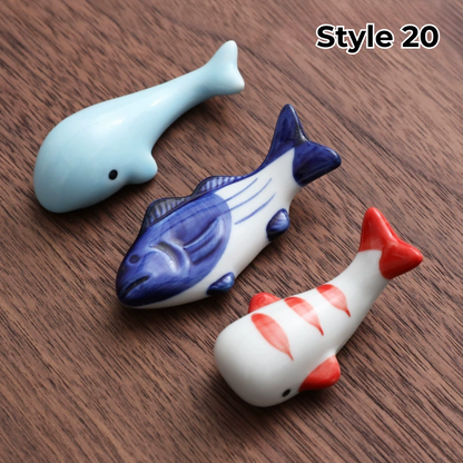 Porcelain Utensil Holders with Animal and Fruit Designs for Asian Dining – Set of 3 Decorative Tabletop Rests