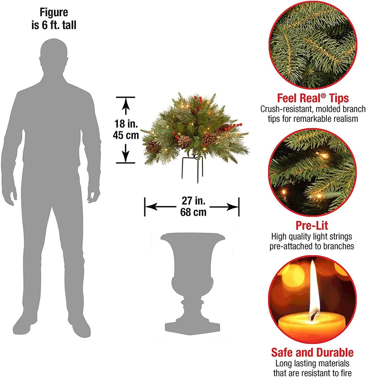 Battery-Operated LED Evergreen Spray with Pine Cones & Berries for Holiday Urns, Planters & Entryways