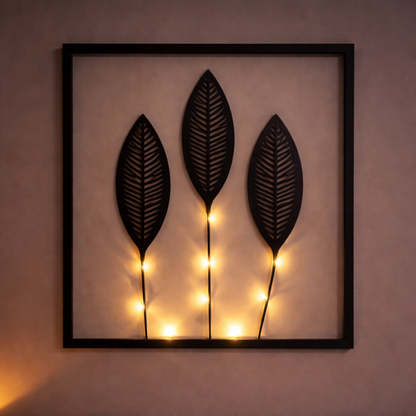 Battery-Powered LED Leaf Frame Light Set for Home Decor 3-Piece Black Metal Botanical Display for Shelves Tables Nightstand Ambiance