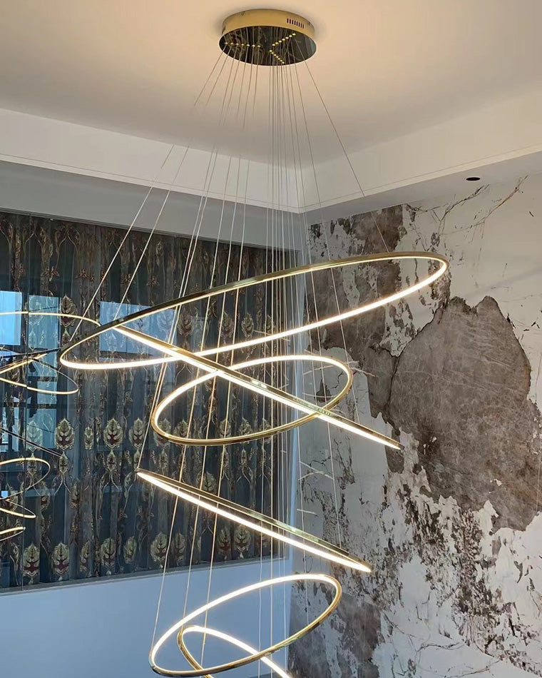 Multi-Tier Cascading LED Ring Fixture for Grand Entryways and Tall Staircases – Height-Adjustable Modern Statement Lighting with Remote Dimm