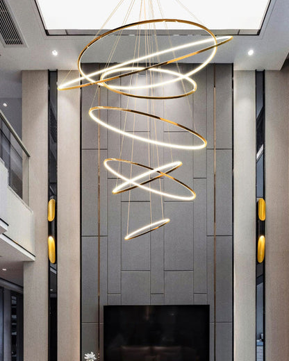 Multi-Tier Cascading LED Ring Fixture for Grand Entryways and Tall Staircases – Height-Adjustable Modern Statement Lighting with Remote Dimm