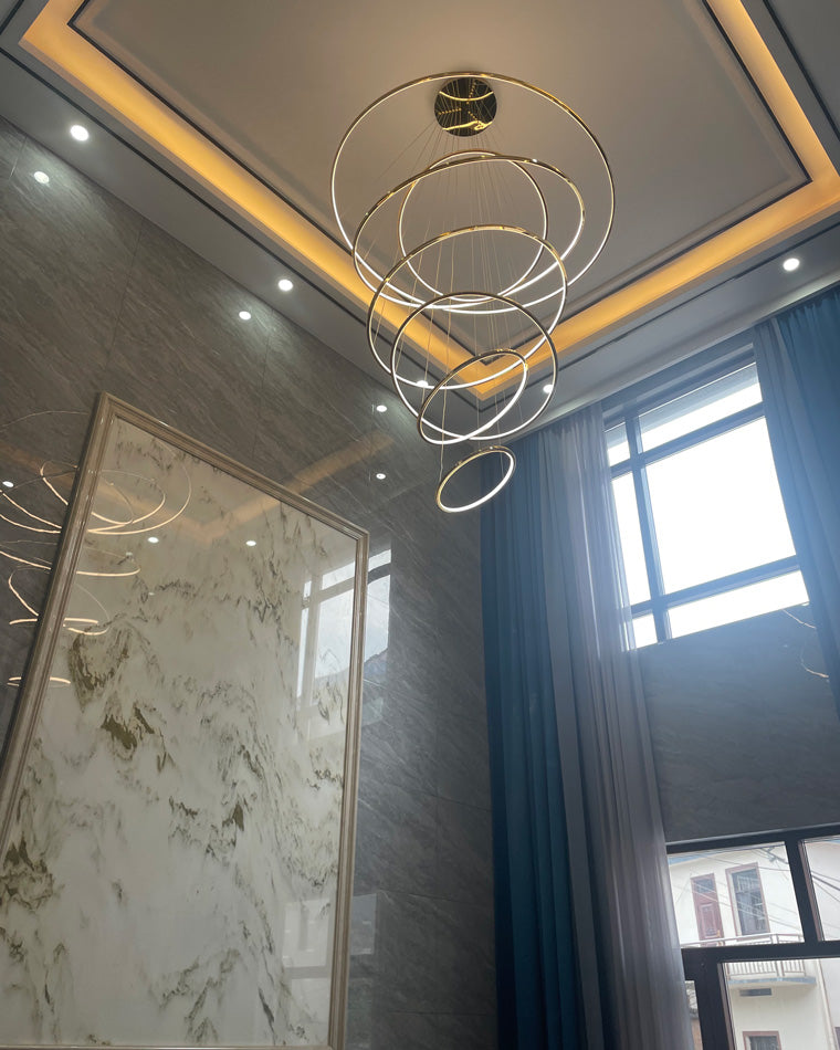 Multi-Tier Cascading LED Ring Fixture for Grand Entryways and Tall Staircases – Height-Adjustable Modern Statement Lighting with Remote Dimm