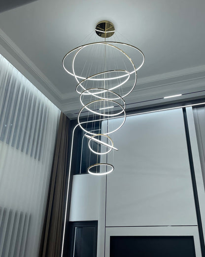 Multi-Tier Cascading LED Ring Fixture for Grand Entryways and Tall Staircases – Height-Adjustable Modern Statement Lighting with Remote Dimm