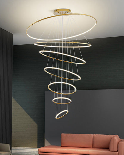 Multi-Tier Cascading LED Ring Fixture for Grand Entryways and Tall Staircases – Height-Adjustable Modern Statement Lighting with Remote Dimm